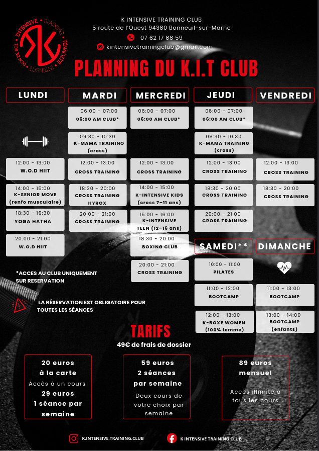 Application de réservation de cours K. Intensive Training Club