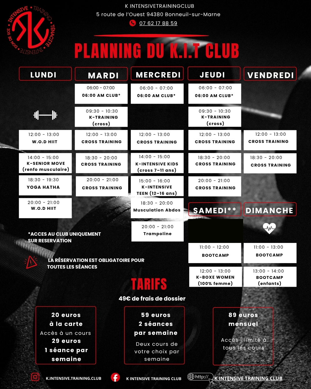 Planning du K. Intensive Training Club